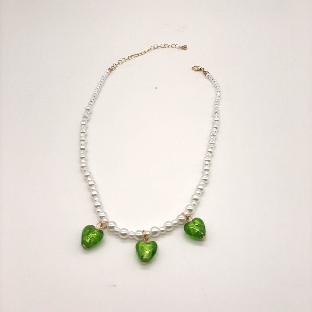 Urban Outfitters White Faux Pearl Green Hearts Beaded choker necklace Fairycore